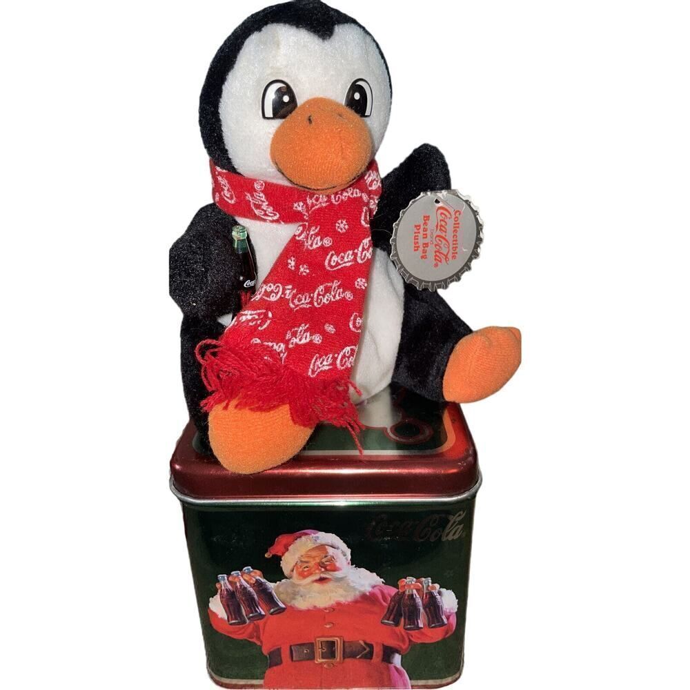 VTG 1998 Coca Cola Bean Bag Plush‎ Penguin with Scarf 2002 Tin Black White NWT